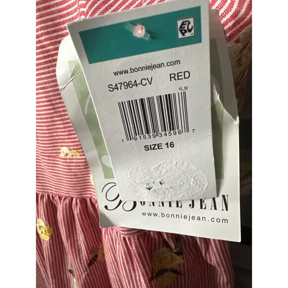 NWT BONNIE JEAN ROMPER RED WHITE STRIPES EMBROIDERED FLOWER SIDE BUTTONS SIZE 16 - Picture 7 of 7